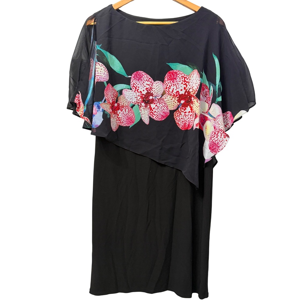 Wallis Black Floral Orchid Chiffon Cape Overlay Sheath Dress NWT US 10 UK 14